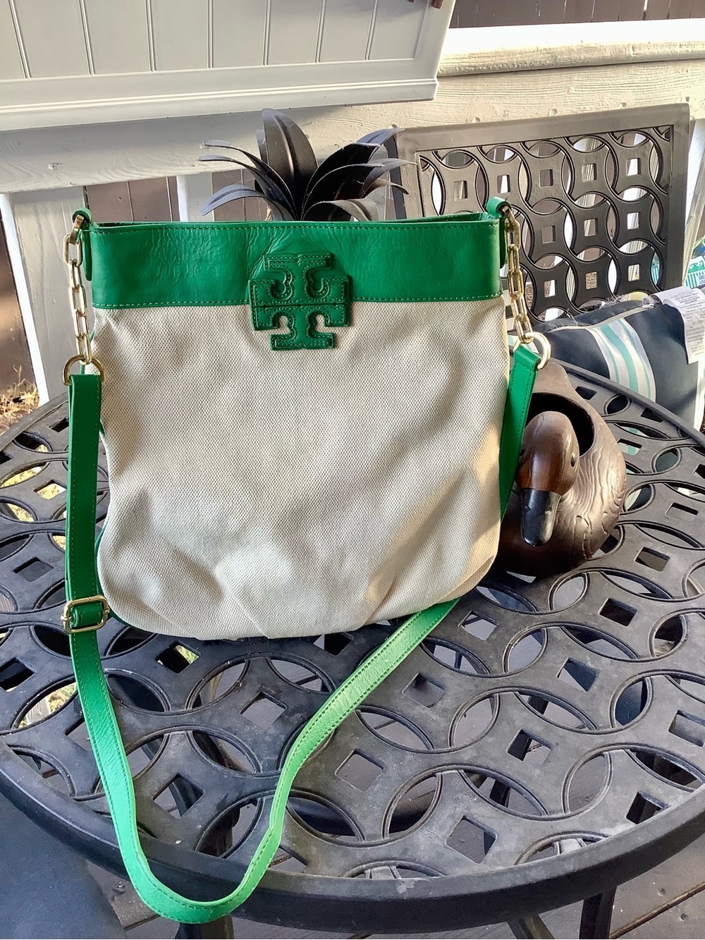 Tory Burch Cream Canvas Crossbody with Green Leather Trim